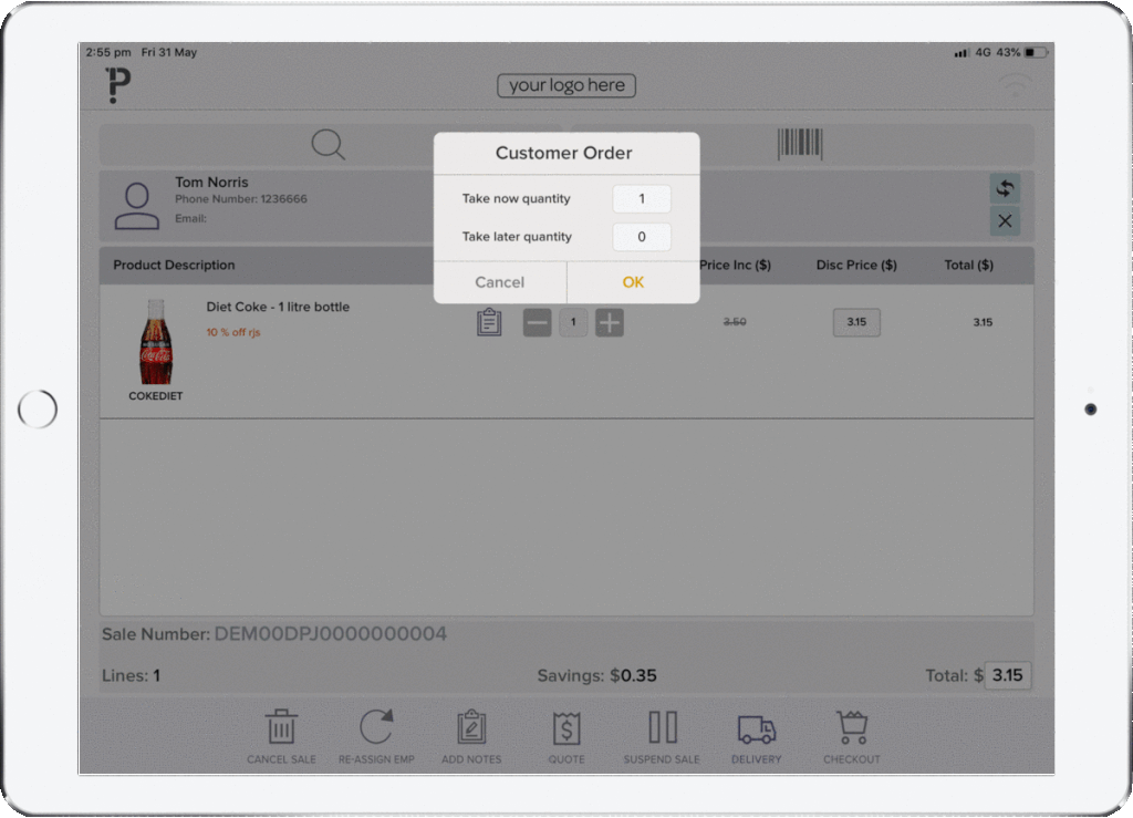 iPad Running Pronto Xi POS App Stock Transfer