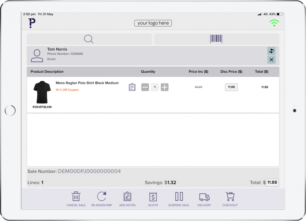 iPad Running Pronto Xi POS App Loyalty Screen