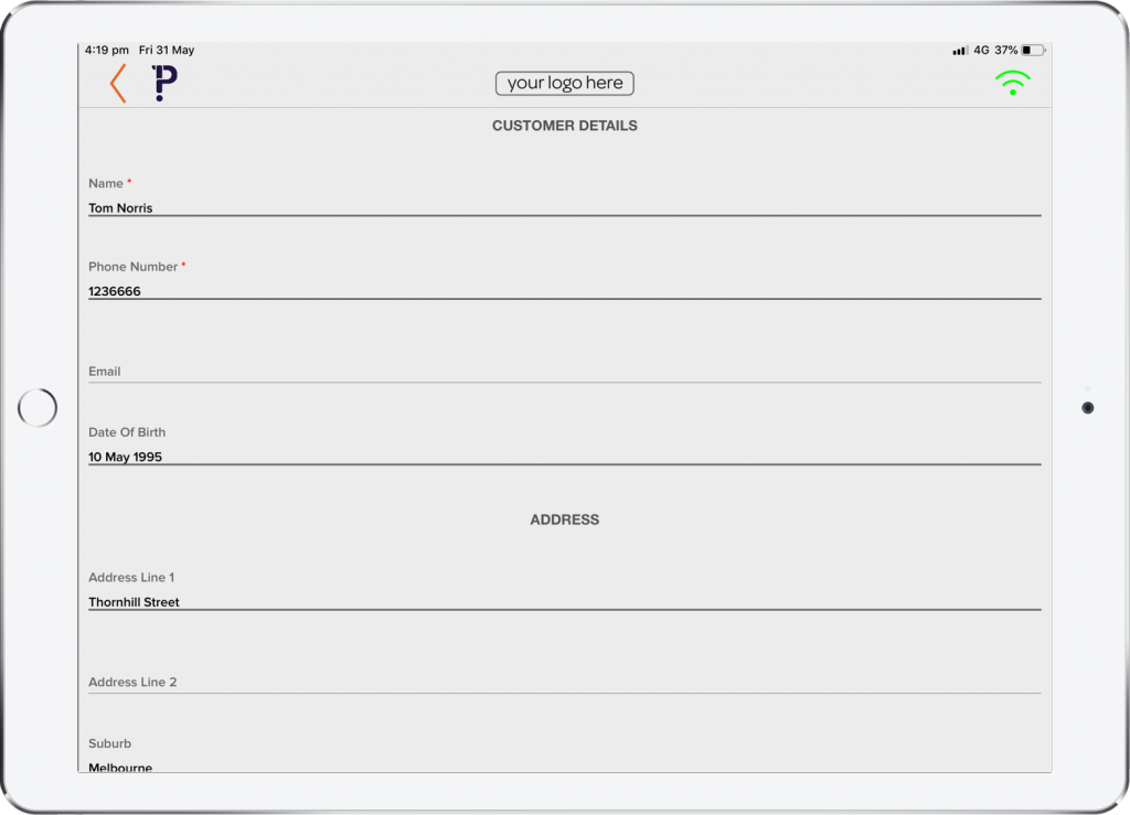 iPad Running Pronto Xi POS App - Customer Details Screen